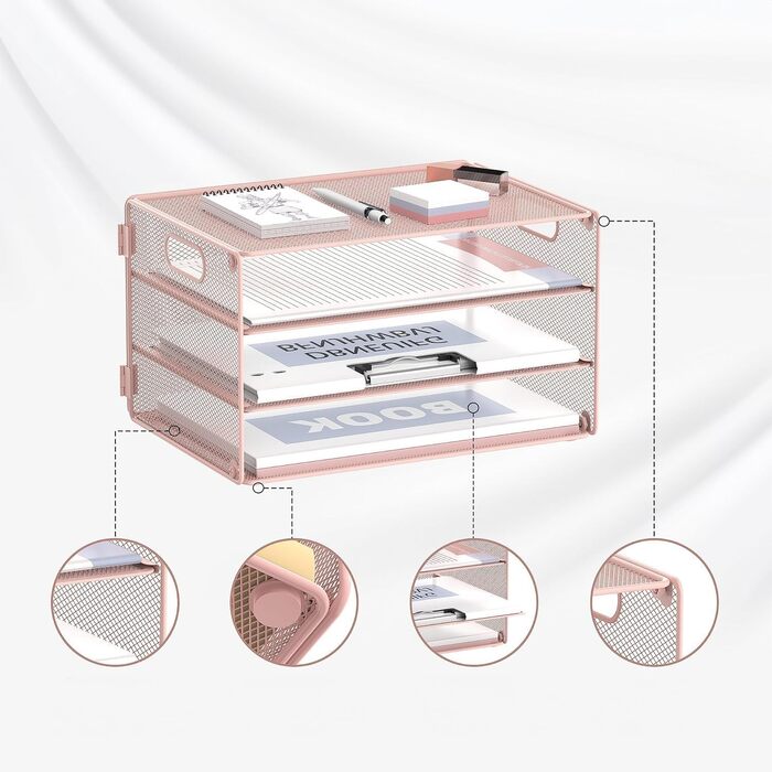 Ярусний лоток для листів, органайзер для паперу з ручкою, лоток для документів, настільний органайзер для школи, офісний органайзер, лоток для листів, металева сітка, рожевий, 3-