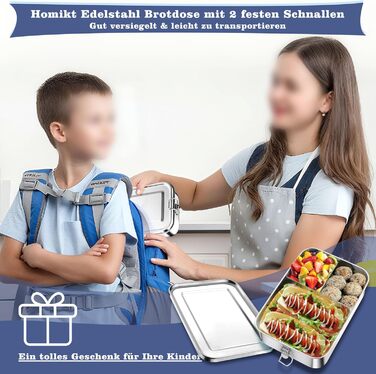 Ланчбокс Homikit з роздільниками, 1400 мл, нержавіюча сталь. Бенто-бокс для дітей та дорослих, герметичний металевий контейнер з ущільнювачем для школи, офісу, пікніка. Можна мити в посудомийній машині.