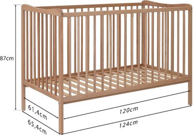 Дитяче ліжко Grzes 120x60 см, Натуральний колір, виготовлене з бука, перевірено на відповідність EN 716, регульована по висоті рейкова основа, 3 знімні перекладини, Натуральний колір