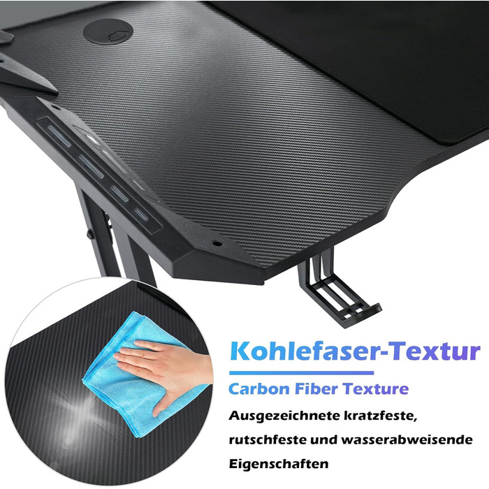 Ігровий стіл зі світлодіодним підсвічуванням 140 x 60 см, ігровий комп&39ютерний стіл з вуглецевого волокна, ігровий офісний стіл з підставкою для чашок та гачком для навушників для захопливого ігрового досвіду, чорний 140x60 см, зі світлодіодним підсвічу