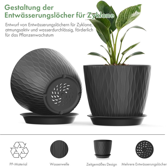 Набір з 5 квіткових горщиків із системою поливу, горщики для рослин 17,8 см із системою поливу, кашпо з блюдцем, набір квіткових горщиків, ідеально підходить для кімнатних та балконних садів, чорний 7 дюймів