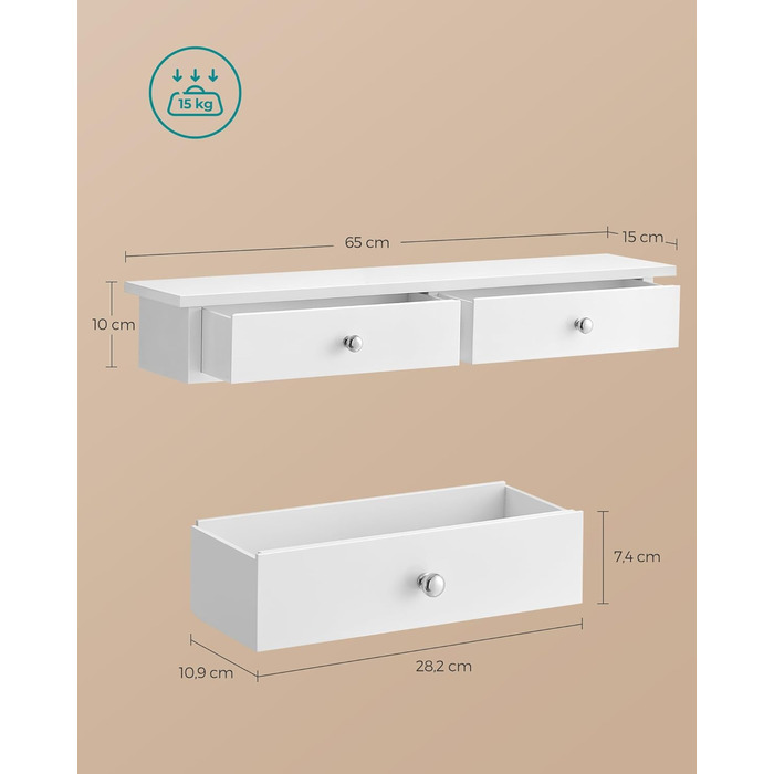 Настінна полиця SONGMICS, плаваюча полиця з 2 шухлядами, вантажопідйомність до 15 кг, 15 x 65 x 10 см, для коридору, вітальні, офісу, легке складання, компактна, сучасна, біла LWS65WT