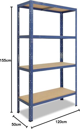 Надміцний стелаж для дому, синій/металевий стелаж з 4 полицями/стелаж для підвалу, стелаж для гаража, стелаж для майстерні або стелаж для зберігання/металевий стелаж без болтів, вантажопідйомність 175 кг, В 155см / Ш 120см / Г 50см, 155x120x50