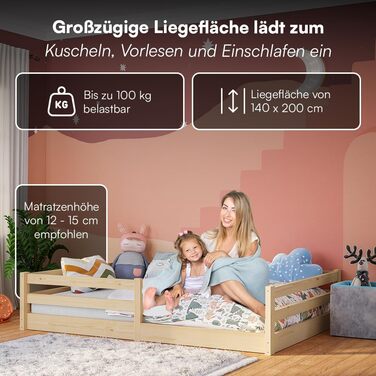 Ліжко Bellabino Iskri на підлозі 140x200 см Дитяче ліжко Монтессорі із захистом від падіння та рейковою основою Дерев&39яне ліжко для хлопчиків та дівчаток з масиву сосни натурального кольору Дитяче ліжко натурального кольору 140x200 см без матраца