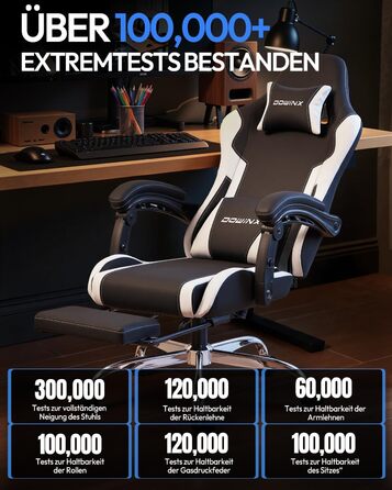 Ігрове крісло Dowinx, офісне крісло, масажне ігрове крісло з регульованими по висоті підлокітниками, ергономічне ігрове крісло з підставкою для ніг, м&39яке ігрове крісло, нахил спинки 150, до 180 кг, білий колір