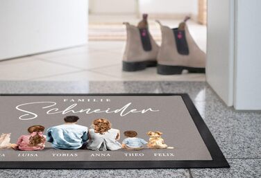 Сімейний килимок для дверей з іменами та фігурками, можна налаштувати для 1, 2, 3, 4 дітей, кіт, собака, акварельний малюнок, нековзний та миється, чорний, 60x40 см.