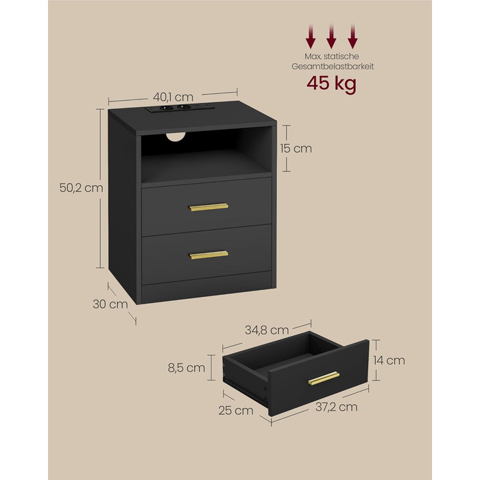 Колекція Custos - Тумбочка із зарядною станцією, комплект із 2 шт. , світлодіодне підсвічування, бічний столик, сучасний, з шухлядами, 2 розетками змінного струму та USB-портами, чорний колір LET829BC01 чорний колір 2 комплекти