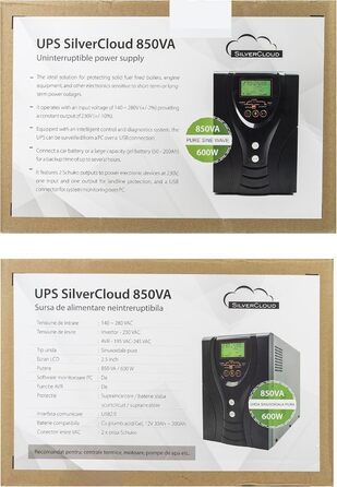 Резервний ДБЖ, Джерело безперебійного живлення, SilverCloud 850VA, Чиста синусоїда, 850 ВА / 600 Вт, функція AVR, 2 розетки Schuko