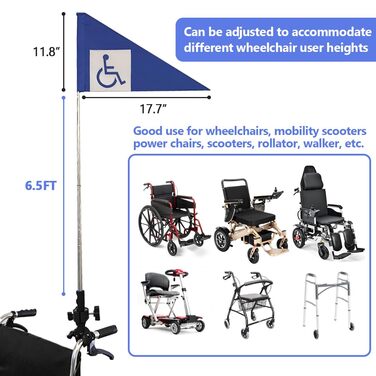 Прапорець для інвалідного візка для пересування, ролик, аксесуар безпеки, довжина 1,8 м, розбірний (синій)