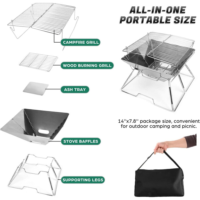 Вогнище Odoland BBQ, портативне багаття, складний кемпінговий гриль, гриль з нержавіючої сталі 304 для кемпінгу, пікніків, патіо, саду з сумкою для перенесення, розмір M 31 x 31 x 21 см