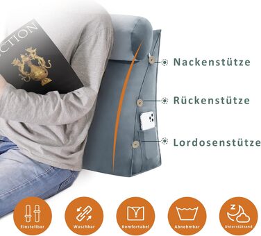 Подушка для спини Johnear зі знімним валиком для шиї, м&39яка оксамитова подушка для шиї, подушка для дивана, подушка для книги, подушка для читання, трикутна клиноподібна подушка, підтримка шиї (сіра, 60 см) Оксамитова сіра подушка для шиї 60 x 22 x 50 с