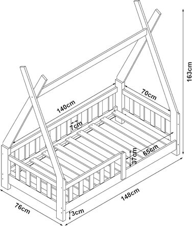 Дитяче ліжко Helsingborg 70 x 140 см із захистом від падіння, рейкова основа, намет-вігвам, дитяче ліжко, каркас ліжка, соснове дерево, дерев&39яне ліжко для дітей, кольори дерева