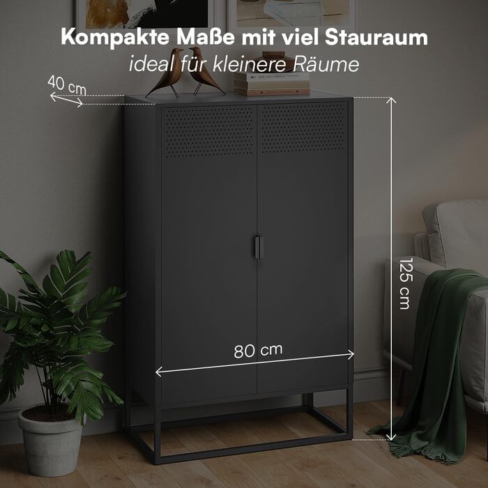 Металевий комод Skølm Izar Шафа для вітальні чорного кольору Металева шафа з 3 відділеннями та подвійними дверима Сервант для вітальні Багатофункціональна шафа шириною 80 см Висока комод в індустріальному стилі чорного кольору 125 см