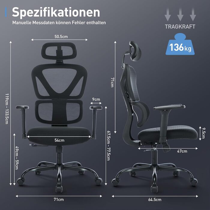 Ергономічне офісне крісло COLAMY Зручне робоче крісло з подушкою сидіння 9,5 см, 3D-підлокітниками, регульованим підголівником, для офісу, домашнього офісу та кабінету, чорний Black-01