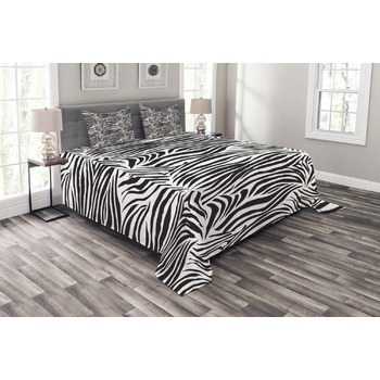 Комплект покривал із зебровим принтом, Дикі зеброві смужки, Комплект з наволочками, Яскраві кольори, для двоспальних ліжок 264 x 220 см, Білий Чорний