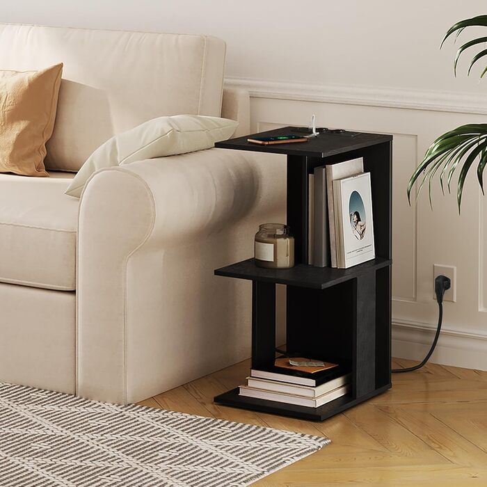 Журнальний столик із зарядною станцією, С-подібний приставний столик із сенсорним світлодіодним підсвічуванням, що перезаряджається, приставний столик до дивана з полицями, тумбочка для спальні, вітальні, чорний AETHB18UE01