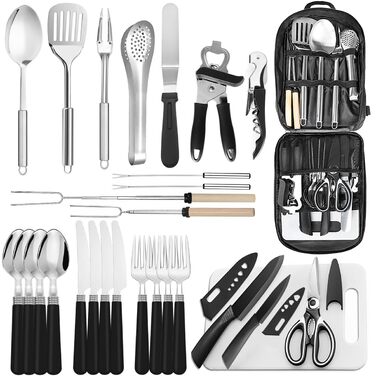 Набір посуду Berglander з 27 предметів, набір кухонного начиння для кемпінгу, необхідне для кемпінгу, постачається з набором столових приборів для кемпінгу, ідеально підходить для вуличних печей, пікніків, барбекю