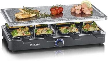 Гриль SEVERIN raclette party з натуральним каменем гриль, раклет з кам'яною пластиною для гриля та 8 сковородами з антипригарним покриттям, настільний гриль на 8 осіб, макс. 1300 Вт, чорний, поворотний регулятор RG 2372 з індикатором