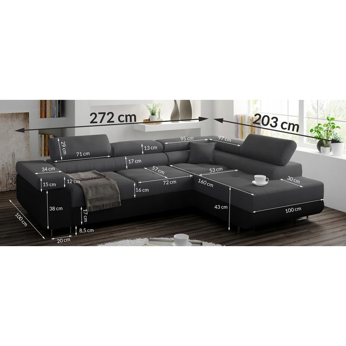 Кутовий диван Маямі з функцією сну та місцем для зберігання, кутовий диван для вітальні, кутовий диван з місцем для зберігання, L-подібний кутовий диван з функцією сну, L-подібний диван (сірий, шезлонг ліворуч), сірий шезлонг ліворуч