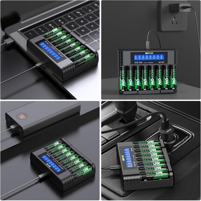 Літієві батарейки типу АА, 8 шт. , із зарядним пристроєм, акумуляторні батарейки високої ємності 1,5 В 3400 мВтгод, 1500 циклів розрядки/зарядки, зарядний пристрій із РК-дисплеєм