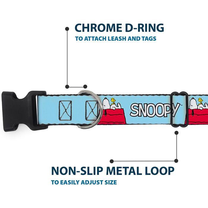 Нашийник для собак Peanuts Snoopy та Вудсток, блакитний, з пластиковою застібкою, ширина 1,3 см, розмір S (17,8-21,6 см)