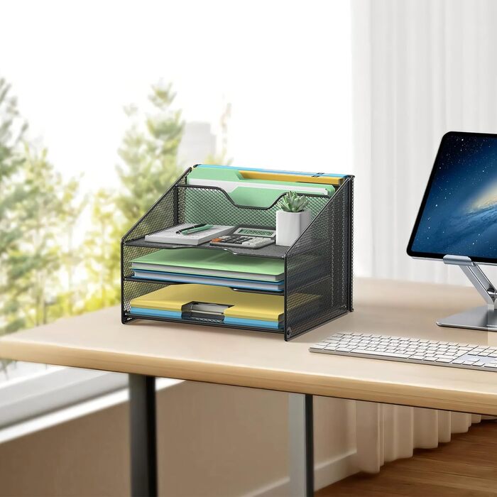 Настільний органайзер OUTWOLF з тримачем для файлів, 3-рівневий органайзер для паперів 2 вертикальні відділення, сітчастий металевий настільний органайзер для файлів A4, паперу, книг, офісного приладдя, чорний
