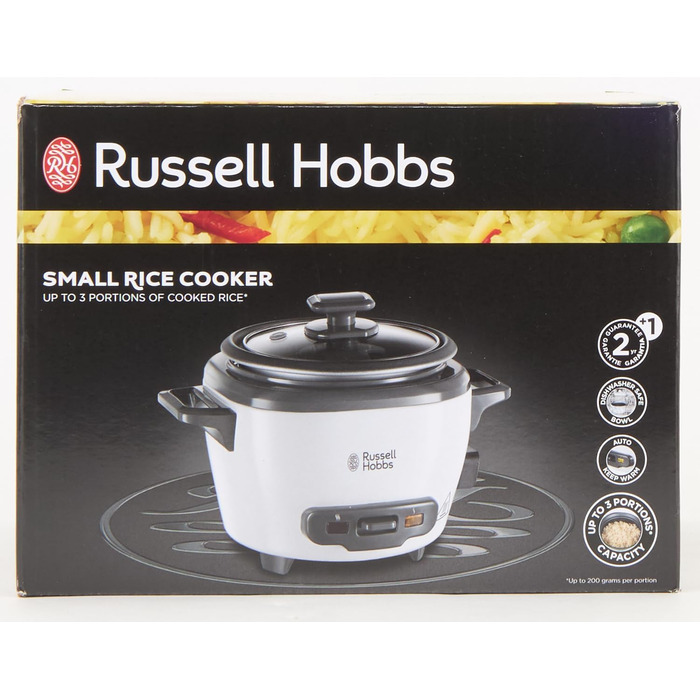 Рисоварка Russell Hobbs міні маленька 0,4 л (функція збереження тепла, каструля з антипригарним покриттям, ложка для рису та мірна чашка, також ідеально підходить для кіноа та кускусу, підігрівач рису) 27020-56