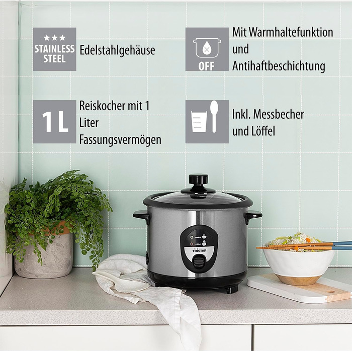 Рисоварка Tristar RK-6126, 1 л, рис до 5 осіб без горіння, з функцією збереження тепла, 400 Вт, нержавіюча сталь, чорний 1 літр