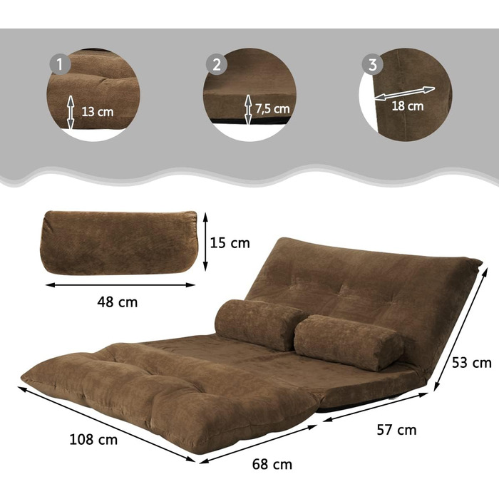Розкладний диван-ліжко COSTWAY, розкладний, регульоване крісло з 6 положеннями, сидіння з 2 подушками, подушка на сидіння зі спинкою, м&39який розкладний диван-ліжко для спальні-вітальні (коричневий)