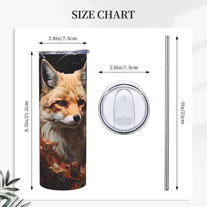 Кухоль з прямою трубочкою, принтом лисиці та квітів, дорожній кухоль, підходить для кемпінгу, офісу та дому, 590 мл