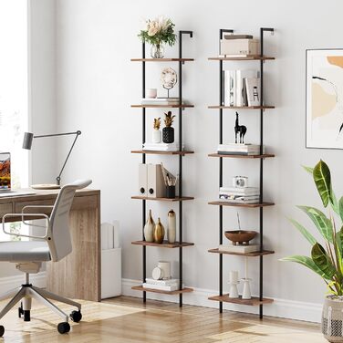 Полиця-драбина HOOBRO своїми руками, 6-ярусна настінна книжкова полиця, вузька книжкова полиця, полиця для демонстрації, полиця для зберігання, підставка для рослин, для вітальні, кабінету, вінтажний коричневий EBF651CJ01 39 x 24 x 200,5 см темно-коричнев