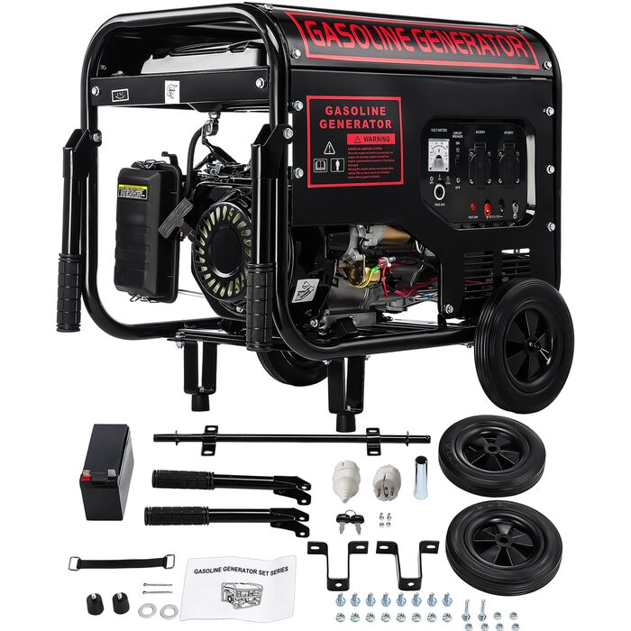 Тактний бензиновий генератор, електричний стартер 5000 Вт, аварійний генератор 12 к.с. з автоматичним регулюванням напруги (ARV), 2 розетки 230 В, 1 розетка 12 В, бак 15 л, 50 Гц, CE, портативний на колесах, для кемпінгу, будівельних майданчиків та дому, 