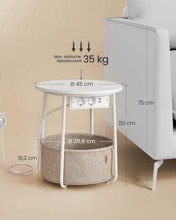 Круглий бічний столик VASAGLE, маленький столик, журнальний столик з розеткою, столик для вітальні, кошик з тканини, місце для зберігання у вітальні та спальні, сучасна тумбочка, матовий білий-верблюжий коричневий LET228W02 Матовий білий верблюжий коричне