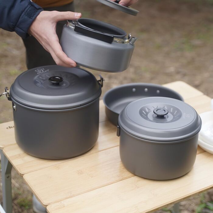 Набір посуду для кемпінгу Bulin, алюмінієві кемпінгові горщики, легкий набір для приготування їжі з складними столовими приборами та чайником, кемпінговий посуд для 1-2-4-6 осіб, ідеально підходить для кемпінгу, активного відпочинку на свіжому повітрі, пі