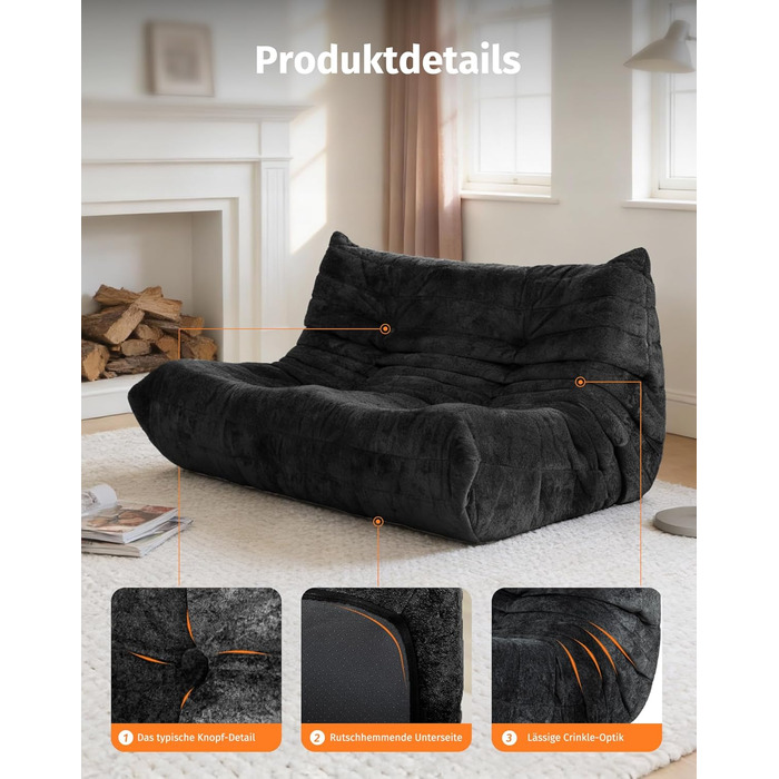 Диван з пінопласту без кісток зручний підлоговий диван з ергономічним дизайном, не потребує складання, диван-мішок для вітальні, спальні, квартири, ігрової кімнати та офісу, чорний двомісний