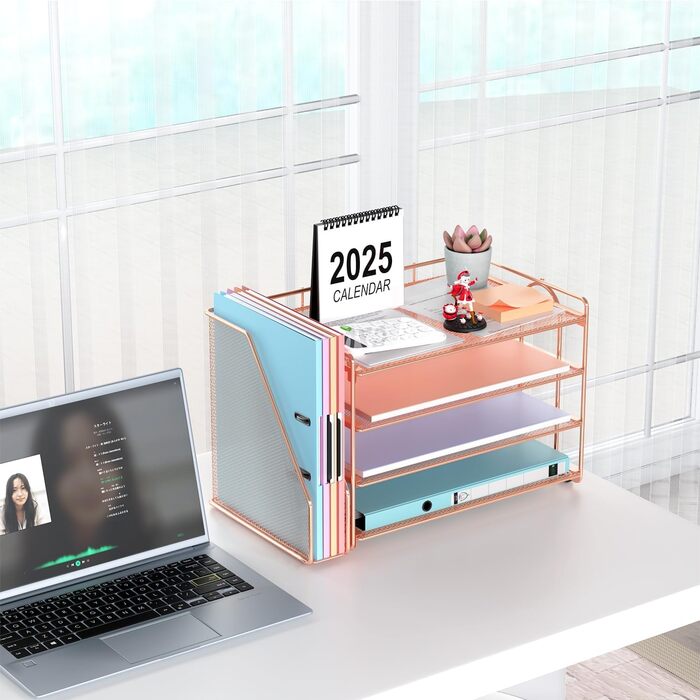 Настільний органайзер з тримачами для файлів, 4-рівневий офісний органайзер з лотком для паперу, сітчастий лоток для документів з тримачем для журналів, настільне сховище для канцелярського приладдя (рожеве золото)