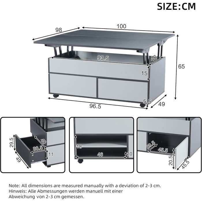 Журнальний столик Merax, стіл для вітальні з регульованою висотою, багатофункціональний журнальний столик 3-в-1 з прихованим місцем для зберігання, шухлядами та коліщатками, що трансформується в обідній стіл, диван-стіл для домашнього офісу, сіро-білий 10