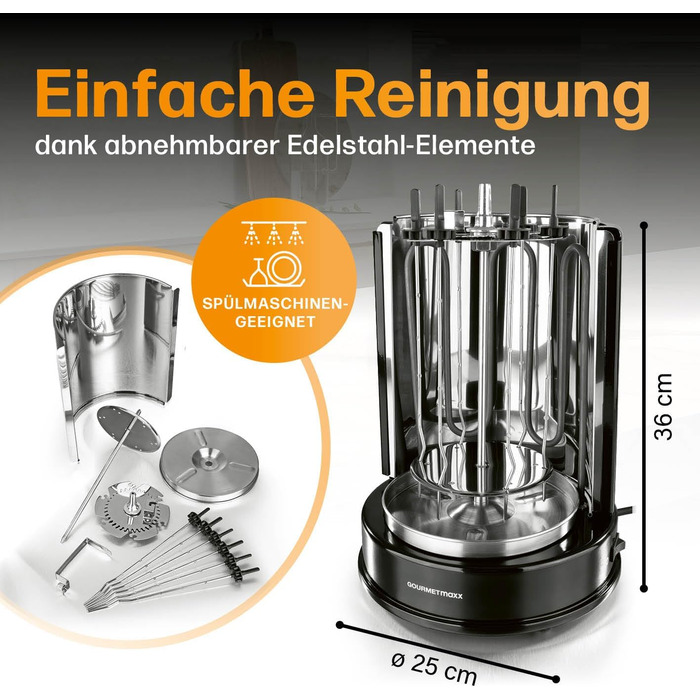 Гриль для шашлику GOURMETmaxx Вертикальний електрогриль для шашликів, гіроскопів, шашлику Електричний гриль з центральним шампуром і 6 додатковими шампурами, також можна використовувати як гриль для шашлику