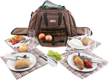 Сумка для пікніка anndora з відділенням-холодильником, коричнева з синіми колами, 29 предметів, 4 особи, 3655 Коричнева з різнокольоровими колами