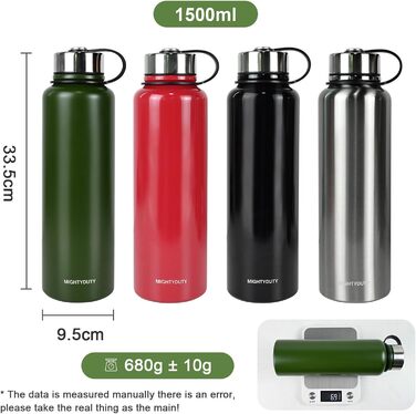 Термос MIGHTYDUTY з нержавіючої сталі об&39ємом 1,5 л, зберігає воду гарячою або холодною протягом 6-24 годин, велика місткість, герметичний, ідеально підходить для кави та чаю, спорту на свіжому повітрі, школи, офісу (зелений)