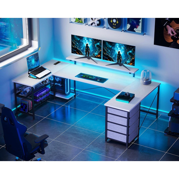 Кутовий стіл ODK з 4 шухлядами та місцем для зберігання, двосторонній кутовий стіл 167102 см з 2 розетками та 2 портами зарядки USB, ігровий стіл зі світлодіодним освітленням та підставкою для монітора для домашнього офісу, білий