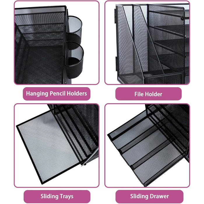 Металевий настільний органайзер, 5-ярусний лоток для паперу та листів з тримачами для файлів, сітчастий настільний органайзер для файлів з тримачем для журналів для зберігання офісних документів (чорний)