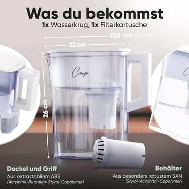 Фільтр для води питної води Фільтр 2,4 л 1 x 2-місячний картридж АКТИВОВАНЕ ВУГІЛЛЯ Пом&39якшує, фільтрує вапно, хлор, пестициди та бактерії, підвищує значення pH (білий)