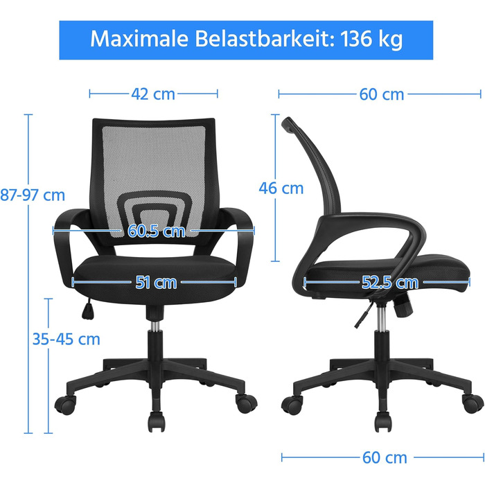 Ергономічне офісне крісло Yaheetech, до 136 кг, сітка, чорний