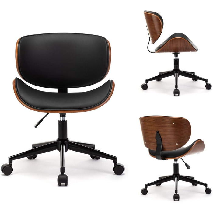 Дерев&39яне офісне крісло Mingone, комп&39ютерне крісло, ергономічне робоче крісло на 360, обертове крісло, дизайн крісла з крилами та колесами, регульована висота, шкіра, чорний колір, до 150 кг, чорні ніжки, стиль 1