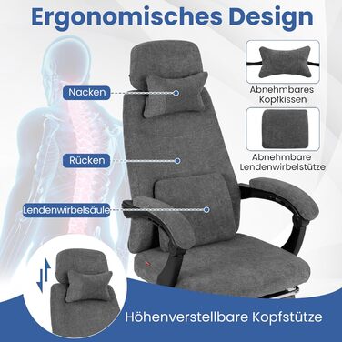 Ергономічне офісне крісло COSTWAY з висувною підставкою для ніг, робоче крісло з регульованою спинкою, підголівником та поперековою опорою, комп&39ютерне крісло з функцією гойдання, обертове крісло для дому та офісу, сірий колір
