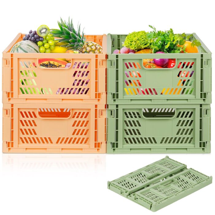 Міцні складні пластикові коробки, розкладні кошики, кошики для зберігання, штабелювані транспортні коробки для кухні, спальні, офісу, рожеві зелені, 4