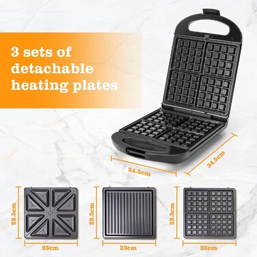 Бутербродниця Bruno 3 в 1, вафельниця, деко для випічки, 1200 Вт, для 4 сендвічів, знімний піддон з антипригарним покриттям, поворот на 180 для швидкого та рівномірного випікання, без бісфенолу А