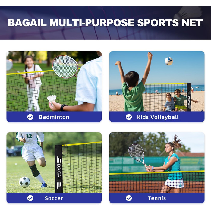Сітка для бадмінтону BAGAIL, складна нейлонова сітка, регульована по висоті підставка та сумка для перенесення, легко встановлюється та знімається, ідеальна спортивна сітка для тенісу, бадмінтону або волейболу, 3M жовтий/чорний