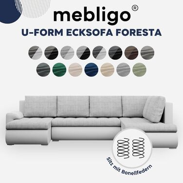 Кутовий диван з функцією сну та 3 відділеннями для зберігання FORESTA 300x89x200 (ШxВxГ) Cord - Зелений - Пуф правий Кутовий диван, U-подібний диван, диван для вітальні, дивани та кушетки, кутовий розкладний диван правий Cord - Зелений (Poso 047)